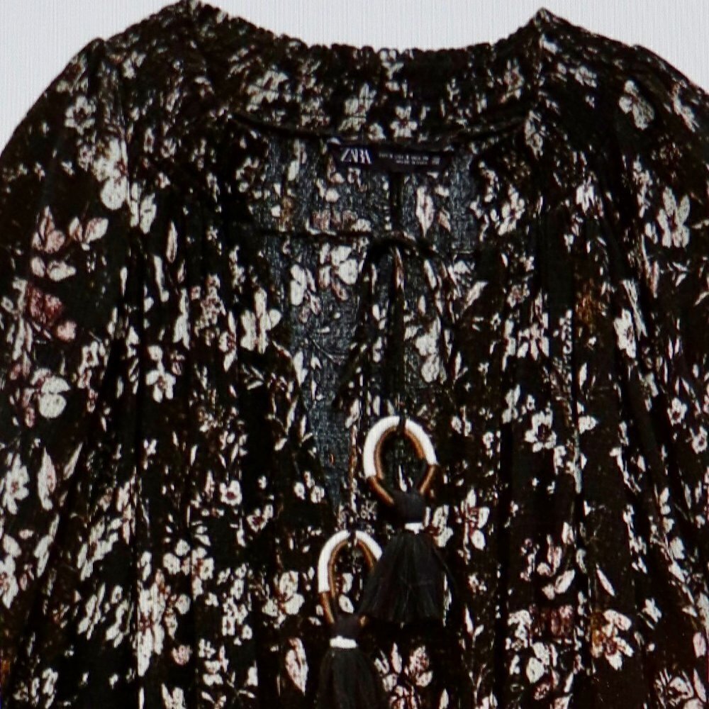 ZARA Short Floral Print Dress Black & White Size M - Picture 5 of 5
